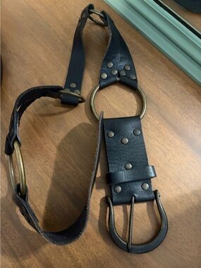 CAbi Vintage Black Leather Studded Ring Buckle Belt